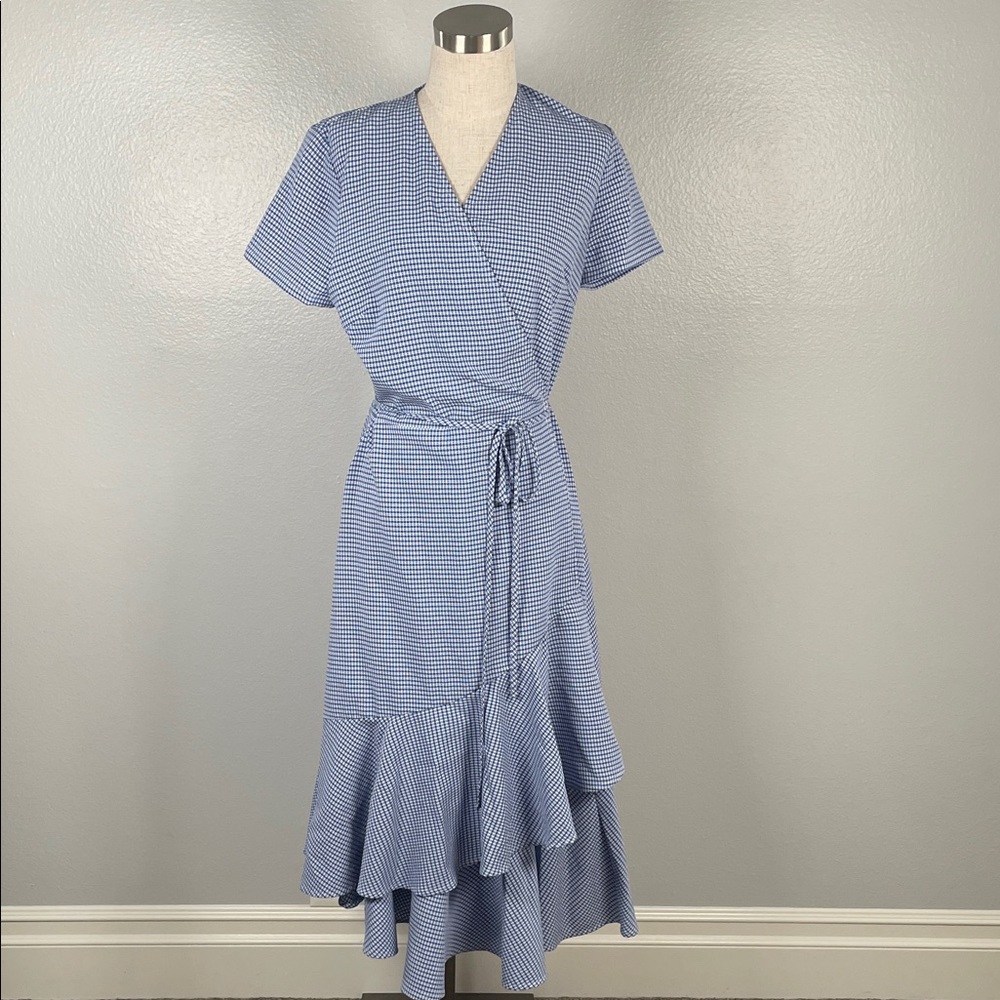 MUNTHE blue plaid true wrap dress midi length with ruffle hem US size 6